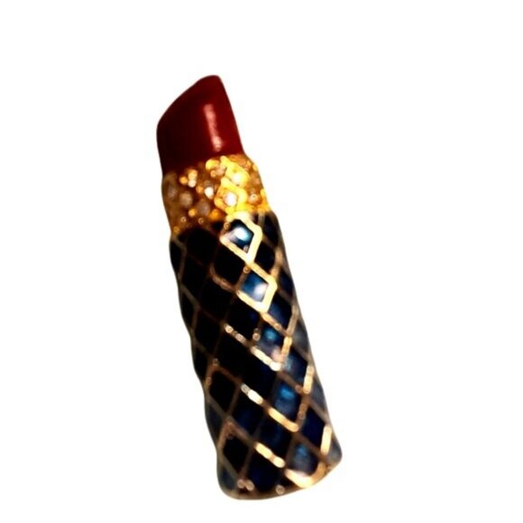 Vintage Gold & Blue Enamel Lipstick Pin Brooch With Red Tip - Picture 2 of 3